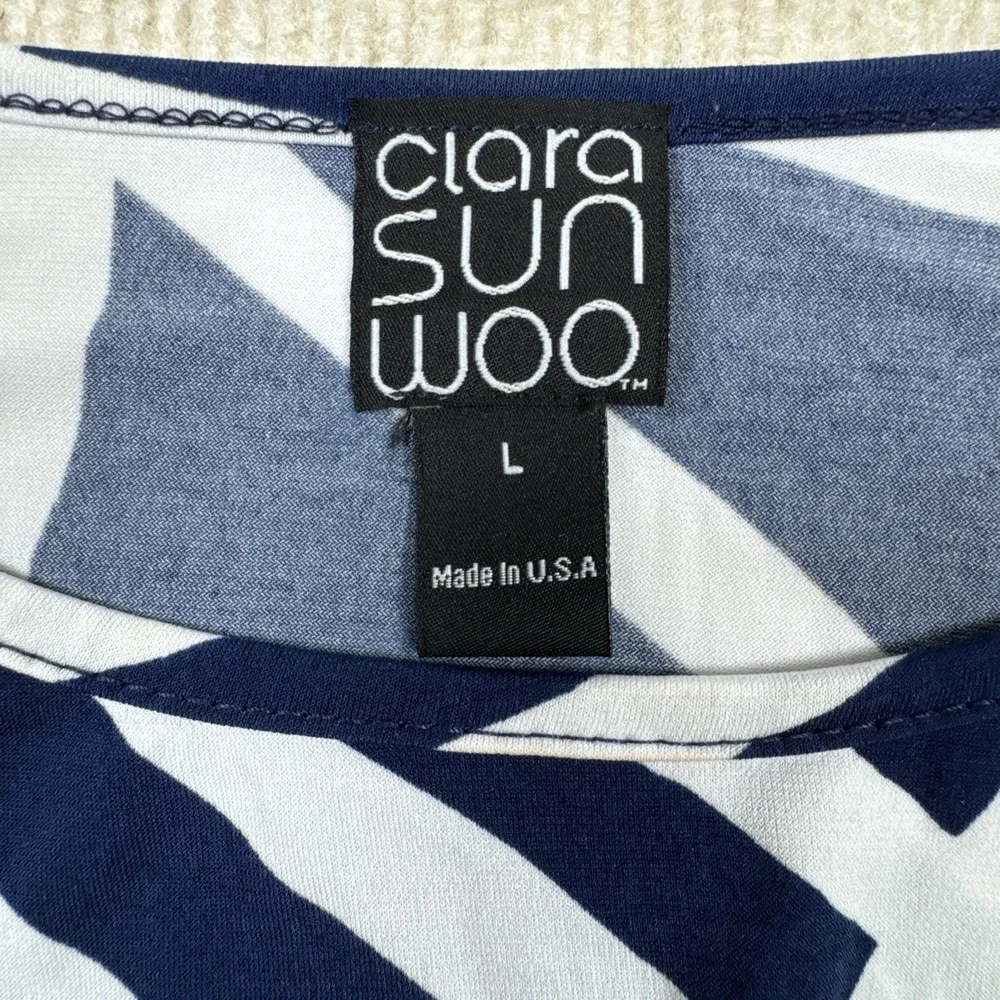 Clara Sun Woo Blue White Geometric Pattern Dolman Sleeve Side Tie Top Large - Picture 3 of 8